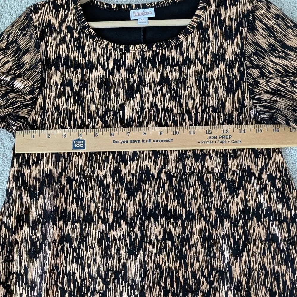 LuLaRoe XS Carly High-Lo Swing Dress -Black w/Rose Gold Foil Scribble Overlay - Picture 6 of 7